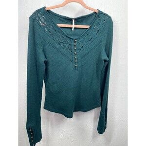 FREE PEOPLE WOMENS SIZE XLARGE GREEN 1/4 BUTTON DOWN LACE SWEATER BOTTON SLEEVE